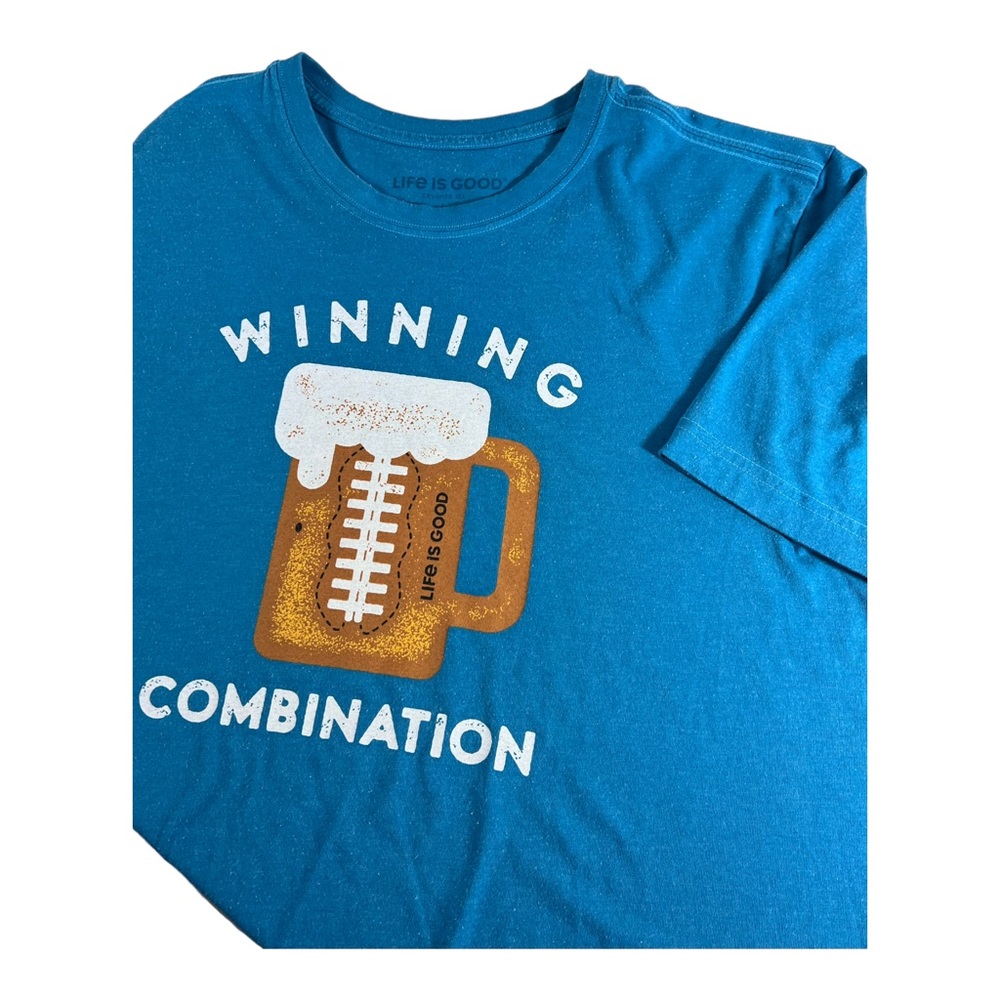 Life is Good‎ Mens Large Teal Blue Football & Beer Crusher T-Shirt